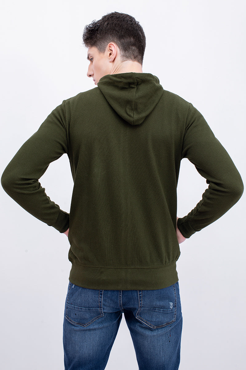 Olive Green Cotton Stretch Popcorn Knitted Hoodie Jacket - SNITCH