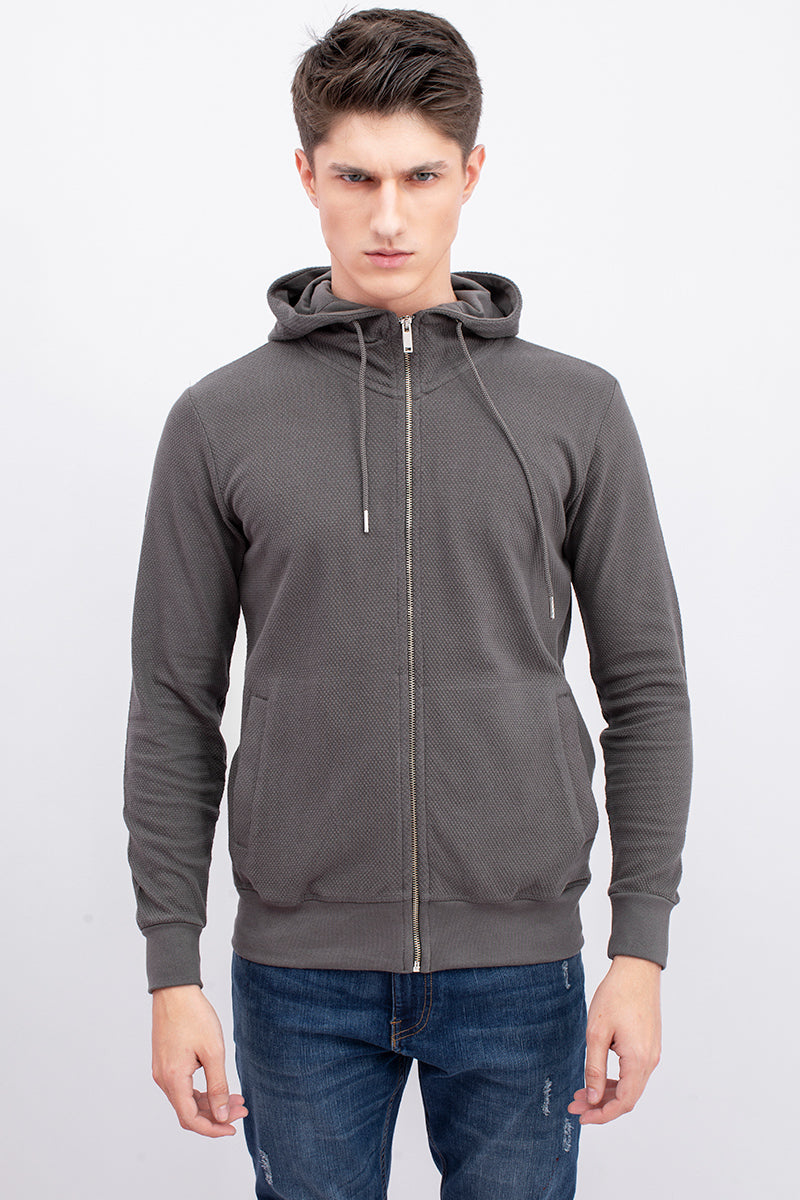 Grey Cotton Stretch Popcorn Knitted Hoodie Jacket - SNITCH