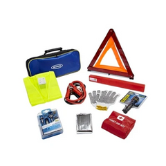 emergency travel kit Contains 1 x warning triangle, 1 x hi-vis jacket, universal bulb kit, rubber torch, pair of cotton gloves, set of jump leads, first aid kit & foil blanket, all in a carry case 