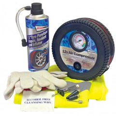Streetwize’s tyre sealer kit contains:  air compressor with adaptors, 450ml tyre puncture repair putty, a sealer and inflator, reusable gloves, cleansing wipe, hi vis jacket and a convenient carry case