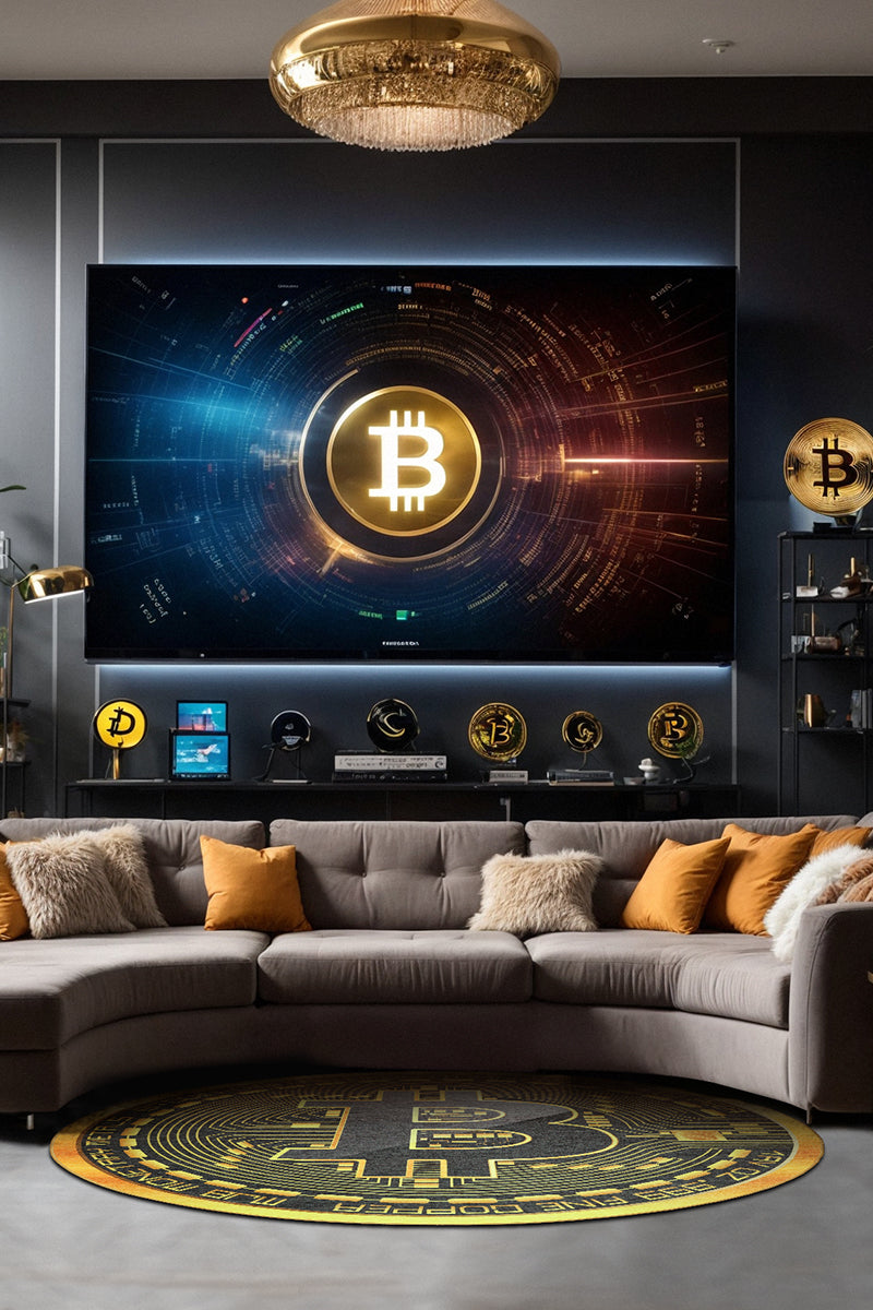 A My Magic Carpet Bitcoin Cryptocurrency washable rug in a fancy living room with a large LED screen on the wall.