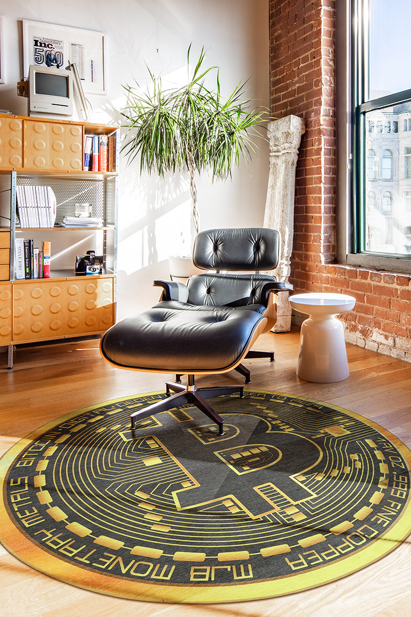 My Magic Carpet's Bitcoin Cryptocurrency Washable rug in an urban living room with brick walls.