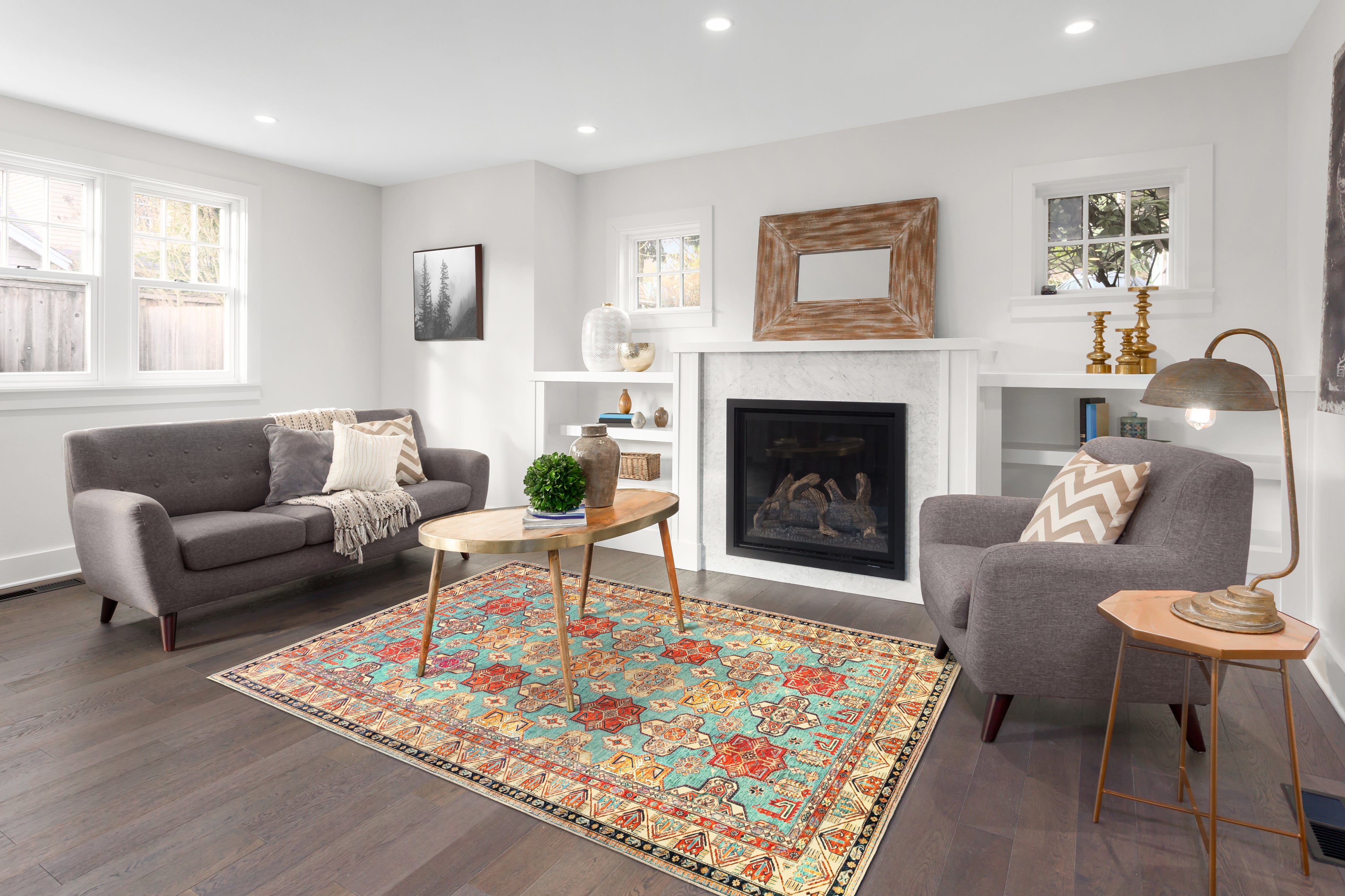 A minimalist living room with My Magic Carpet's 6'x9' Ottoman Turquoise washable rug.