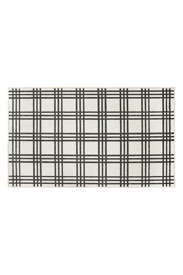 Plaid Black and Cream Washable Rug