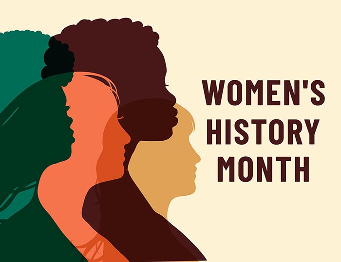 Women's History Month banner featuring silhouettes of women in different colors.