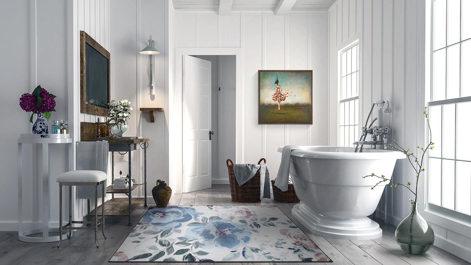 A mostly white bathroom with the My Magic Carpet Sasha Floral Cream Blue washable rug and the Fine Art Canvas Bounlessness in Bloom framed canvas print. 