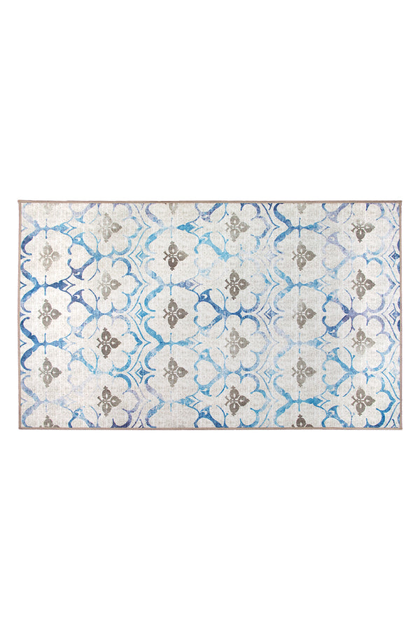 Leilani Damask Beige Blue Washable Rug