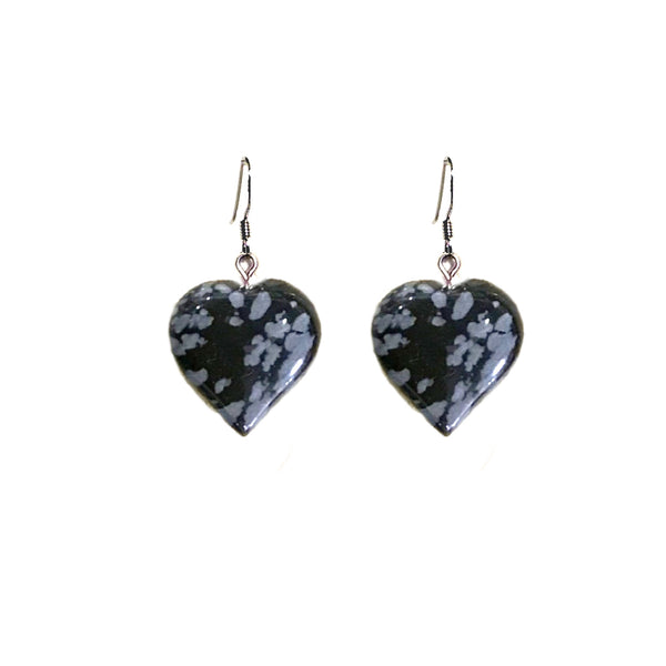 Snowflake Obsidian Heart Sterling Silver Drop Earrings