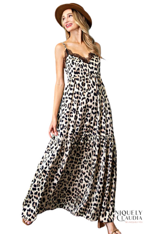 Carmen Animal Print Lace V-Neck Maxi Dress