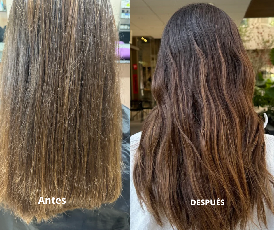 A person's long wavy brown hair shown from the back in two different lighting settings.