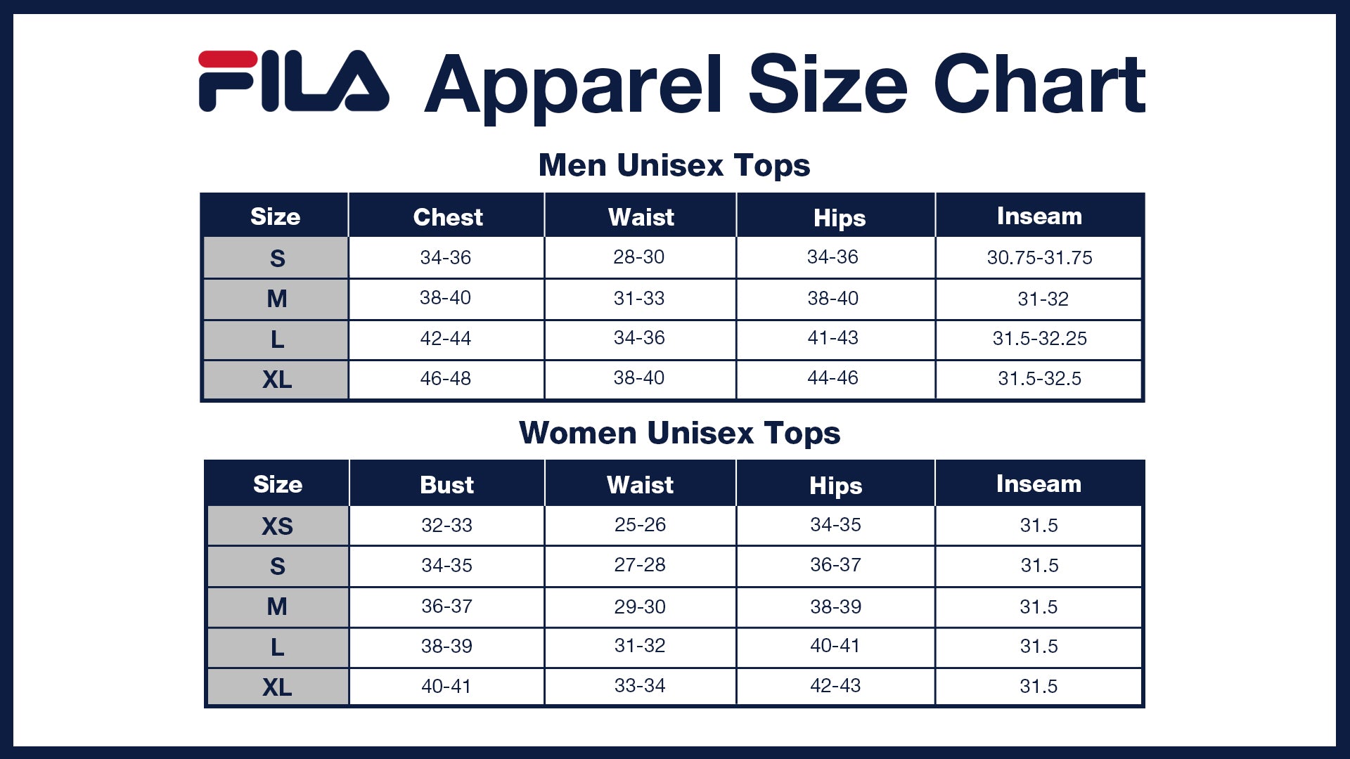APPAREL SIZE CHART Philippines