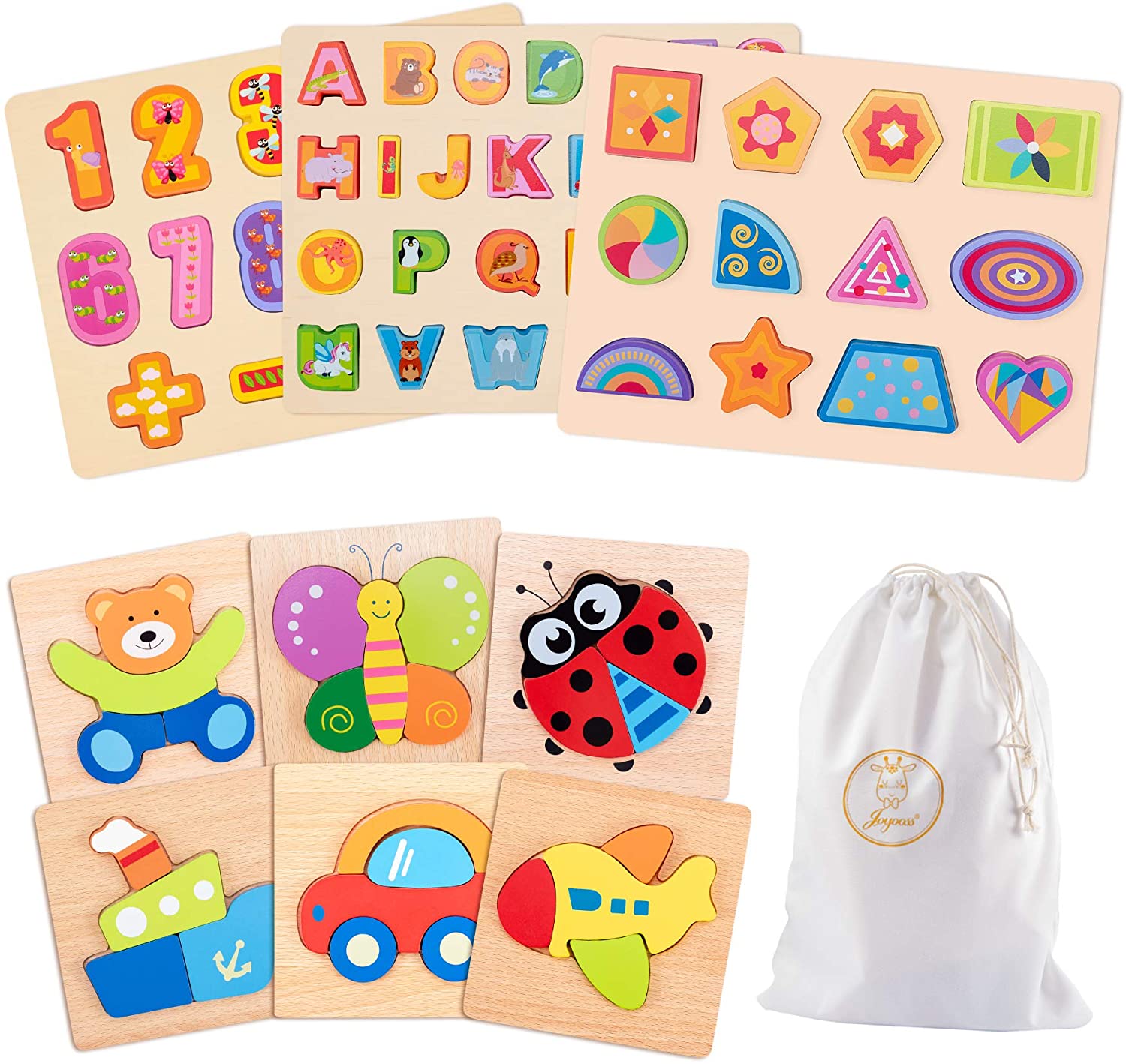 JOYOOSS Kids Wooden Letter Shape Number Puzzle 9Pcs