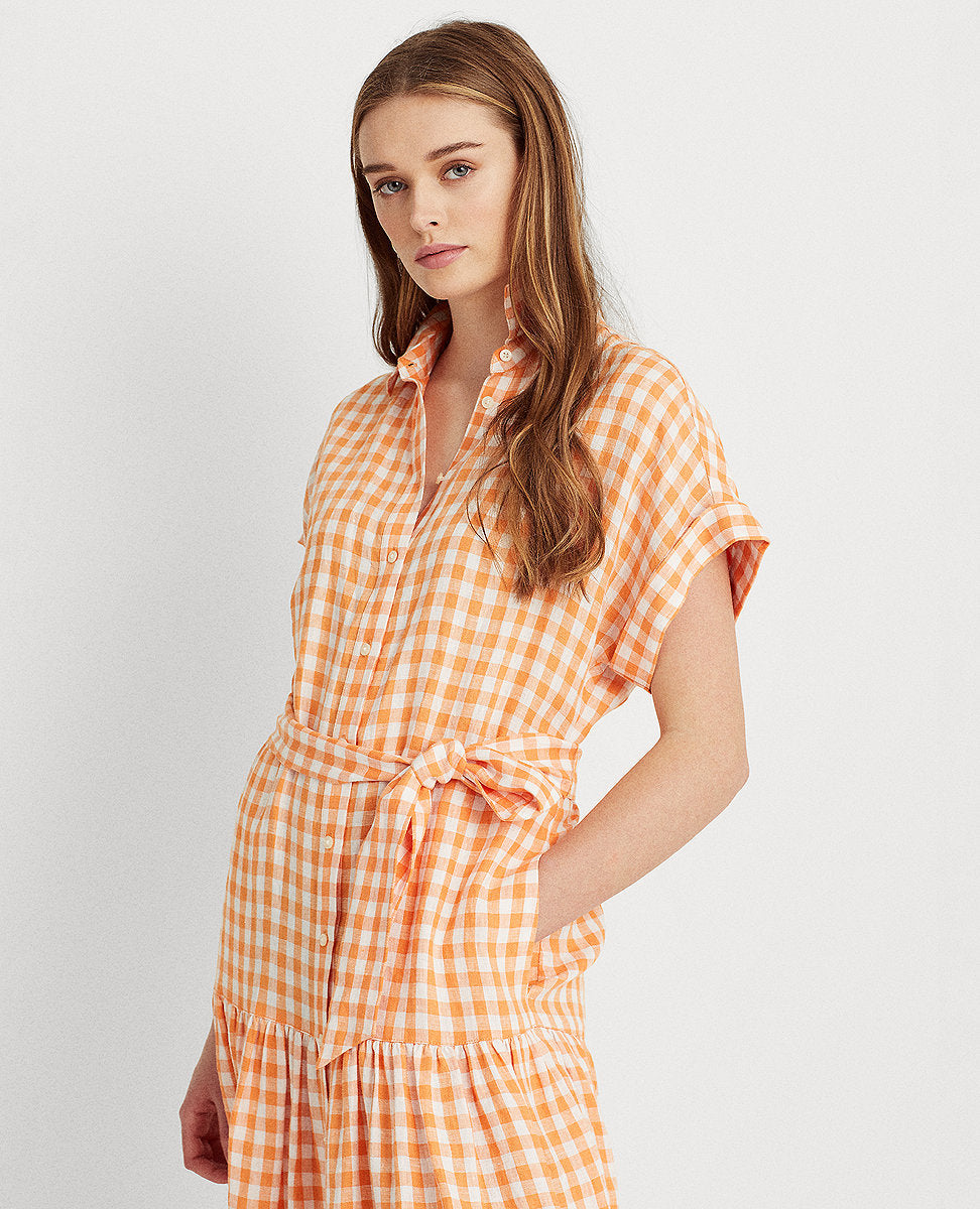 Lauren Ralph Lauren | Petite Gingham Linen Shirtdress In Orange/White | The  Lauren Look