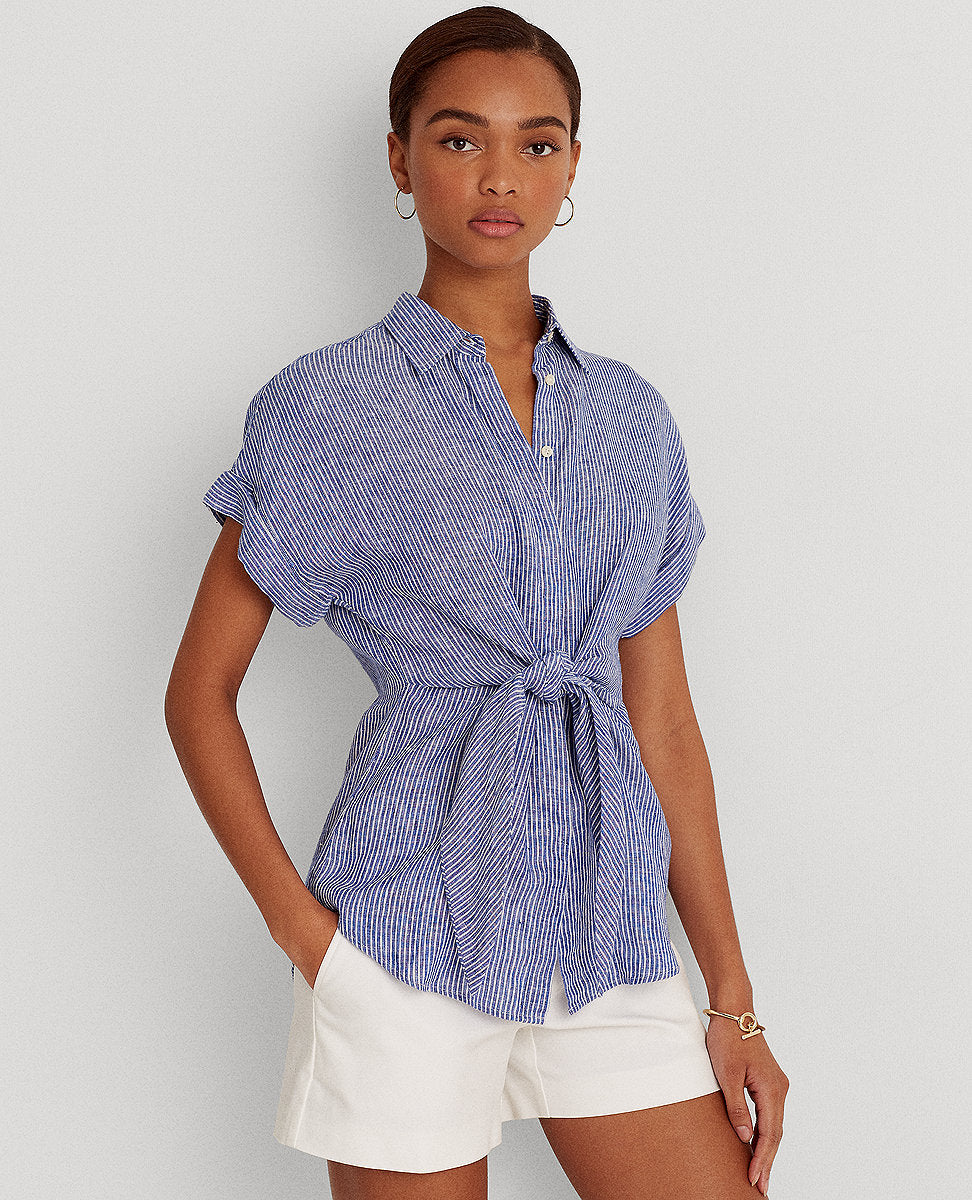 Lauren Ralph Lauren | Striped Tie-Front Linen Shirt In Blue/White | The  Lauren Look
