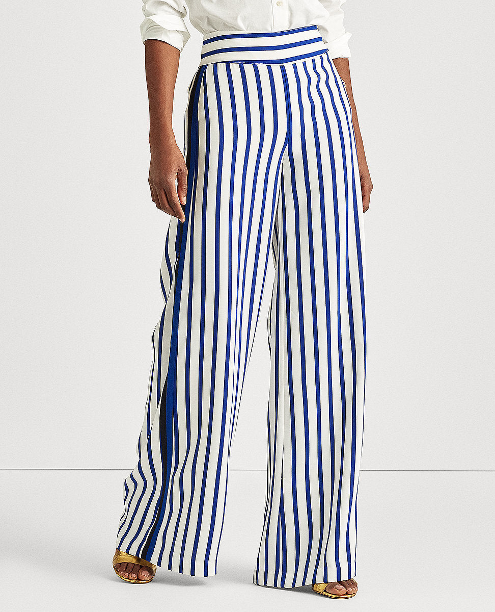 Lauren Ralph Lauren | Petite Striped Satin Wide-Leg Pant In Blue/ White |  The Lauren Look