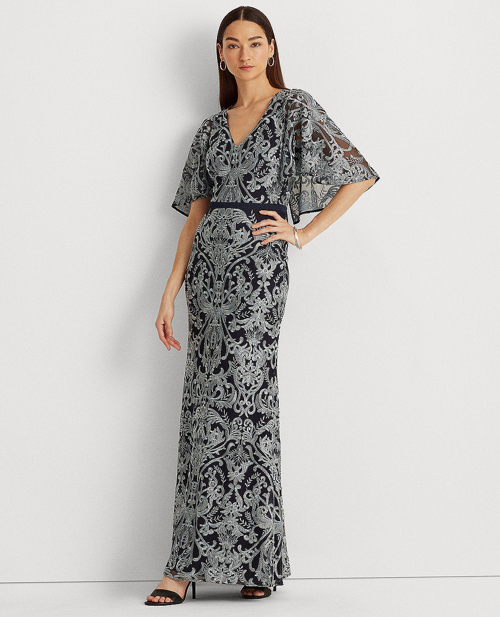 Lauren Ralph Lauren | Embroidered Cape Gown In Navy/Silver | The Lauren Look