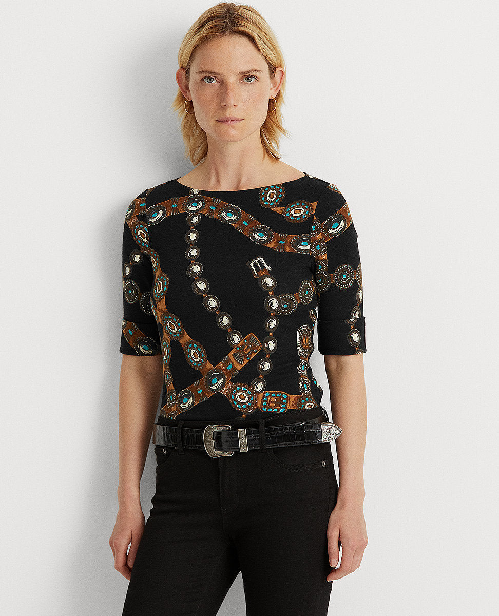 Lauren Ralph Lauren | Belt-Print Boatneck Top In Black Multi | The Lauren  Look