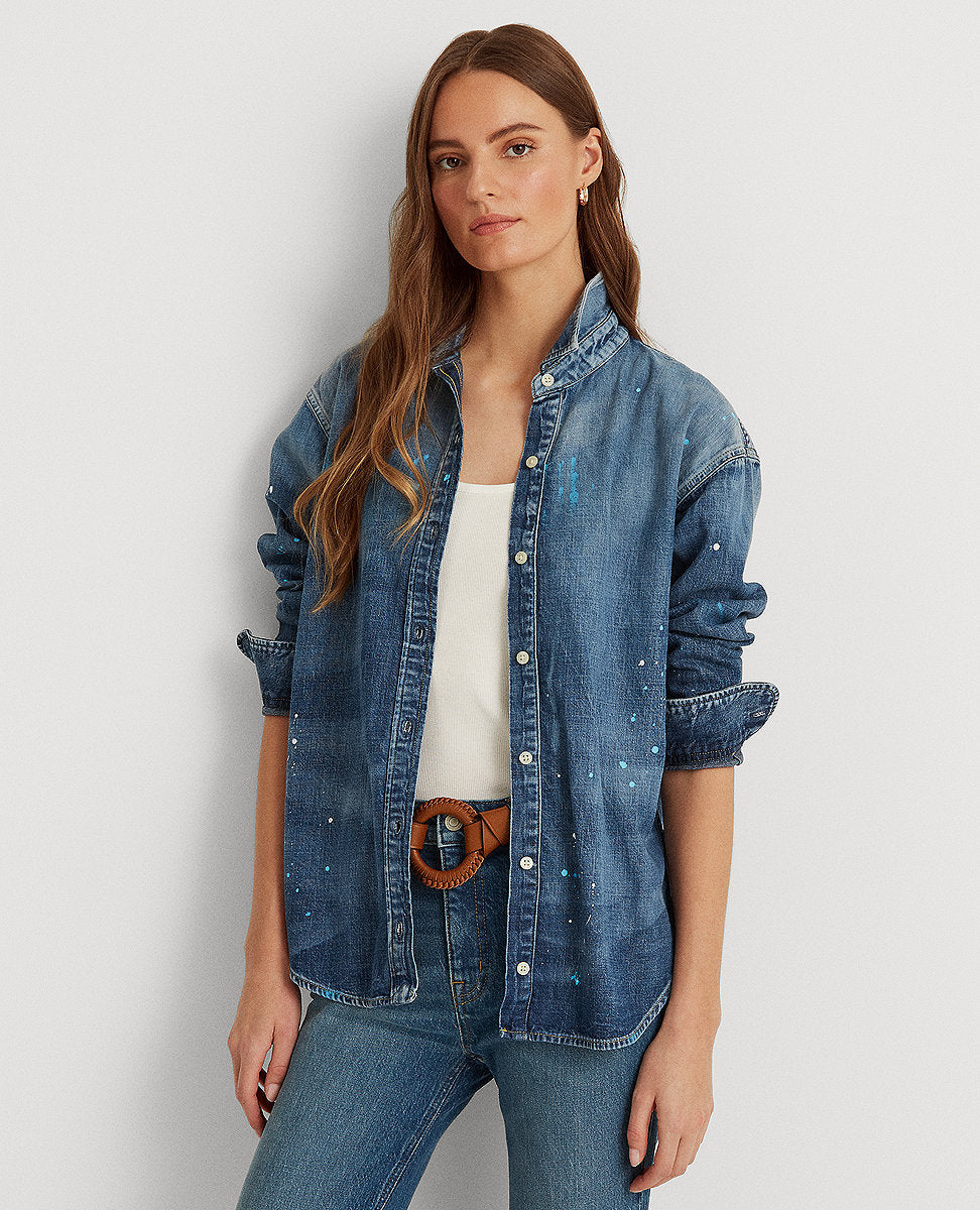 Lauren Ralph Lauren | Petite Paint-Splatter Denim Shirt In Blue | The Lauren  Look