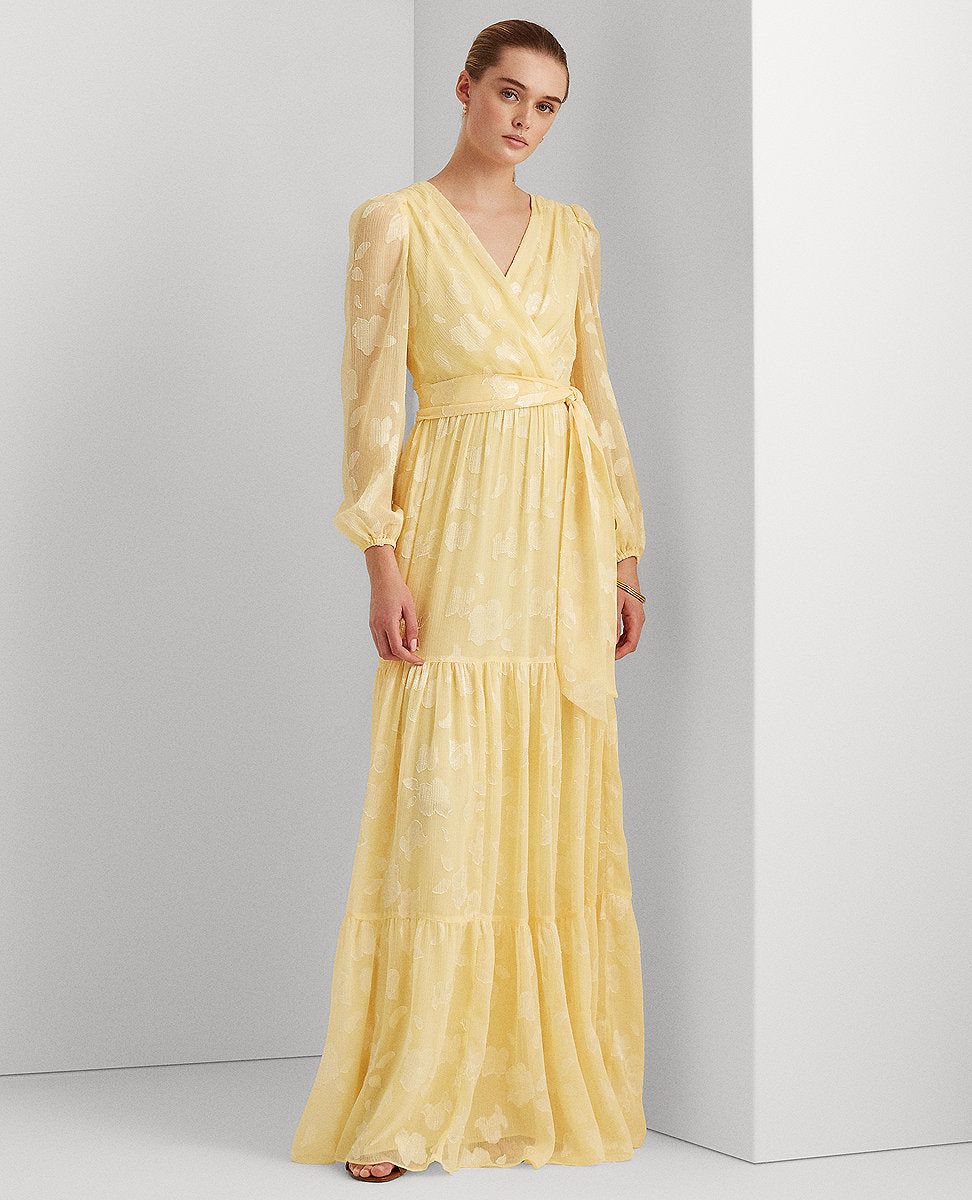 Lauren Ralph Lauren | Crinkled Floral Jacquard Gown In Yellow | The Lauren  Look