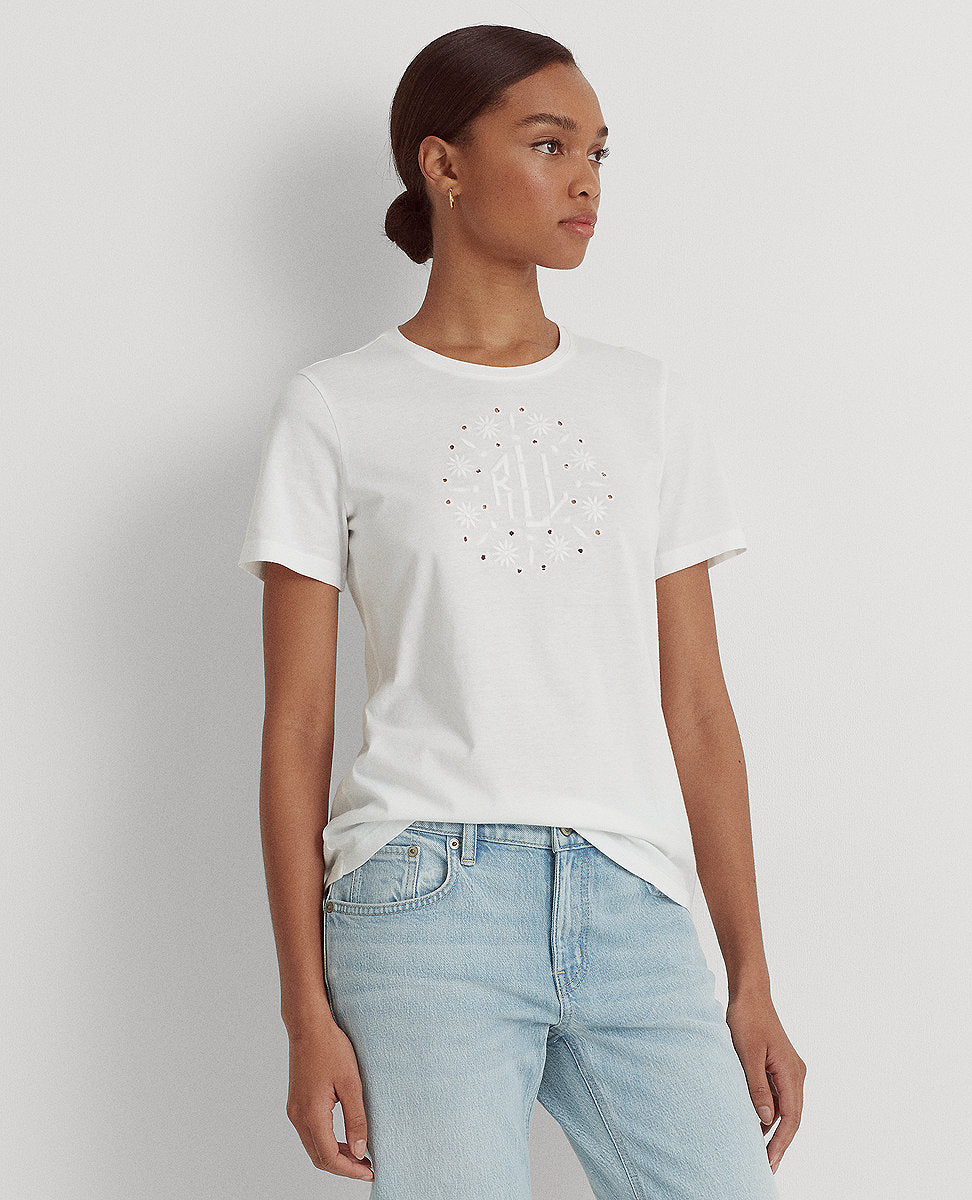 Lauren Ralph Lauren | Eyelet Logo Jersey Tee In White | The Lauren Look