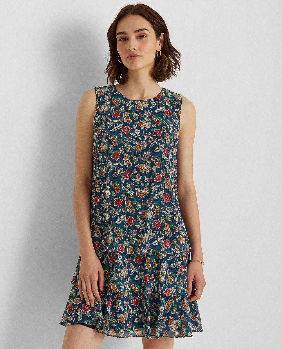 Lauren Ralph Lauren | Floral Crinkle Georgette Dress In Blue/Red/Multi |  The Lauren Look