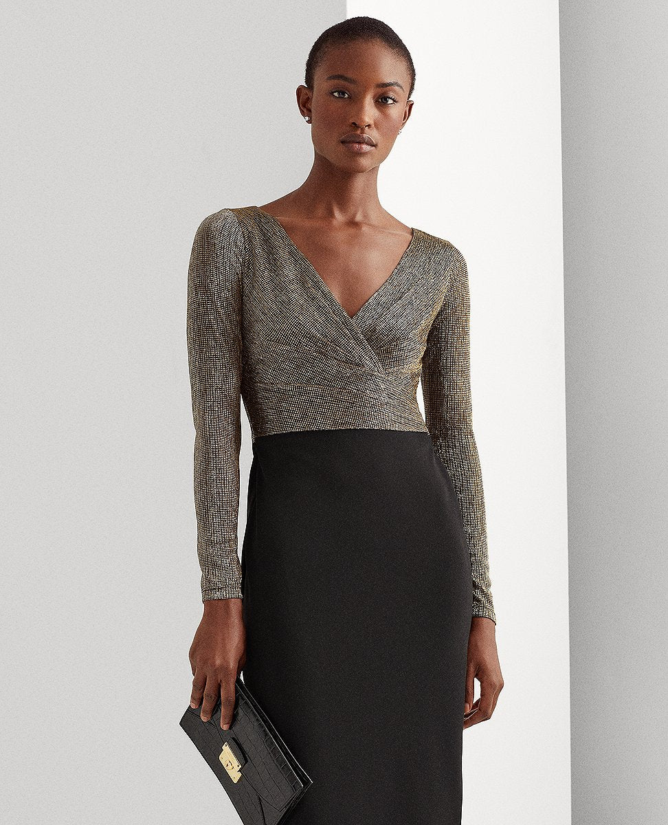 Lauren Ralph Lauren | Metallic-Bodice Jersey Dress In Black/Gold/Gunmetal |  The Lauren Look