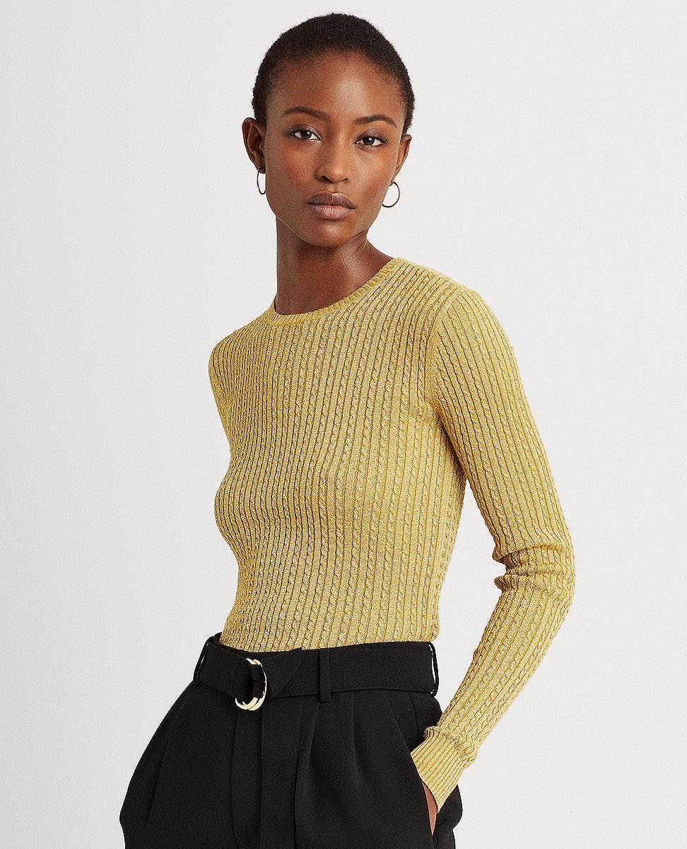 Lauren Ralph Lauren | Metallic Cable-Knit Crewneck Sweater In Gold Lurex |  The Lauren Look