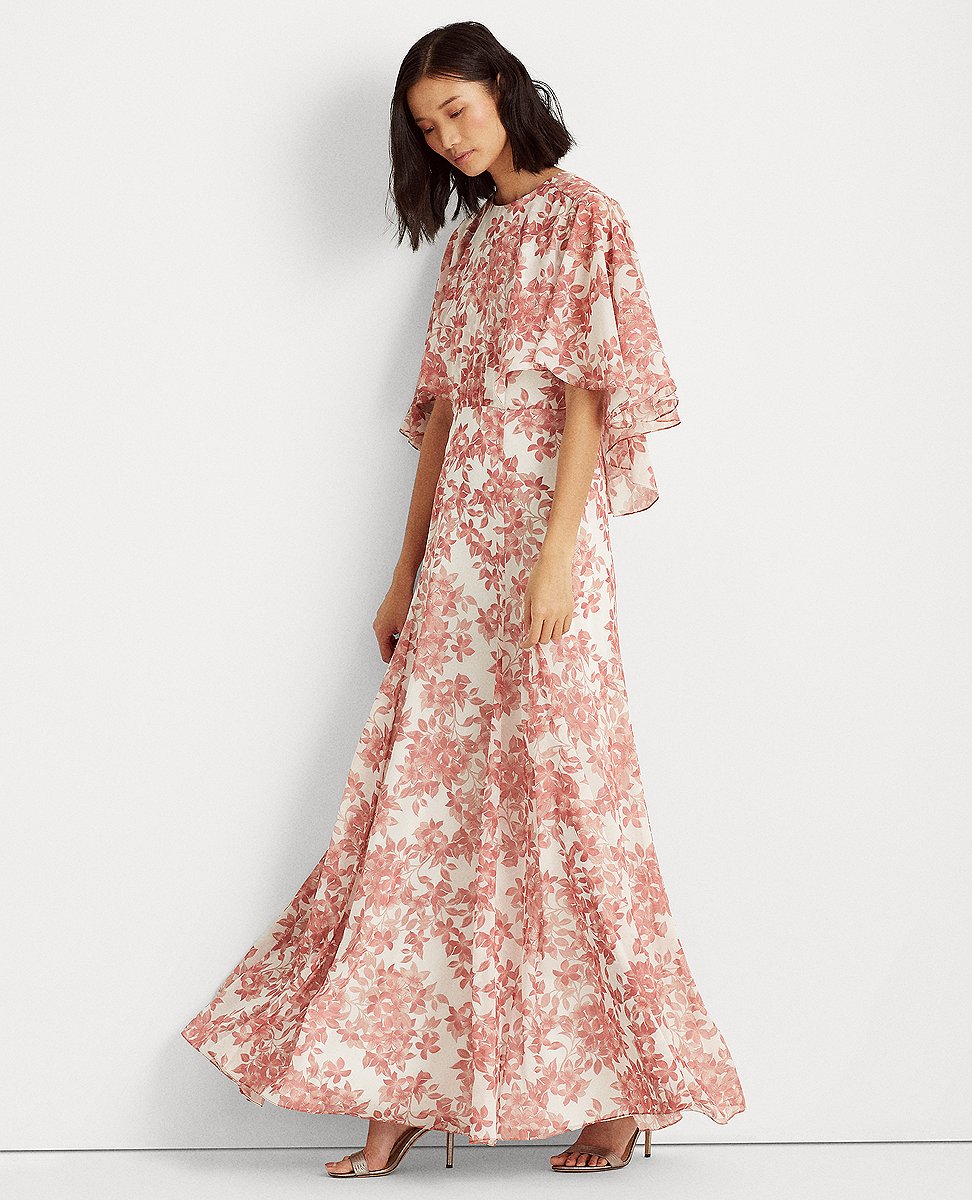 Lauren Ralph Lauren | Floral Georgette Cape Gown In Cream/Pink | The Lauren  Look