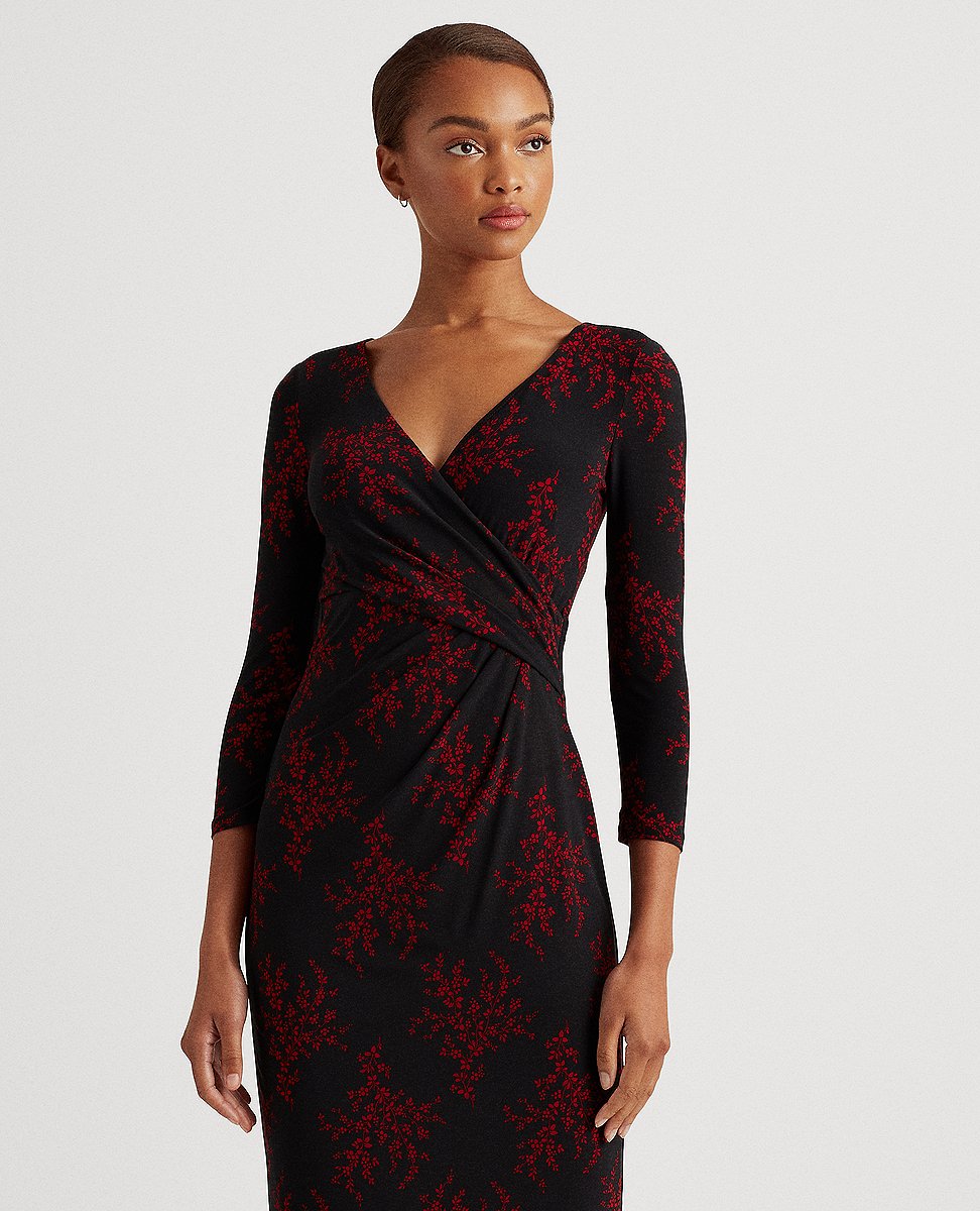 Lauren Ralph Lauren | Floral Jersey Surplice Dress In Black/Red | The Lauren  Look