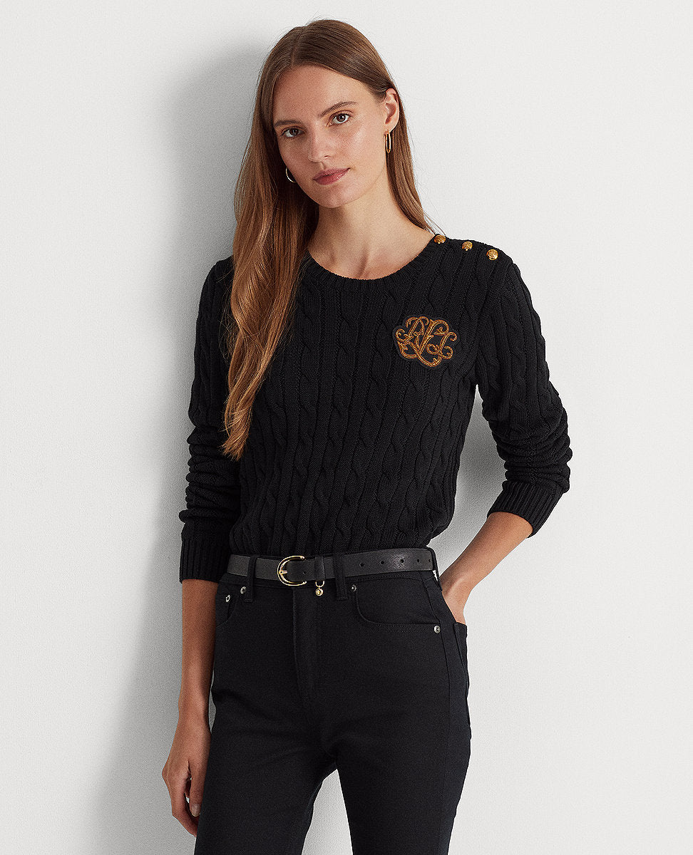 Lauren Ralph Lauren | Button-Trim Cable-Knit Sweater In Black | The Lauren  Look