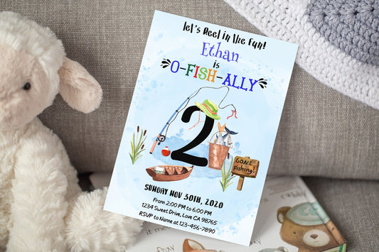 O-Fish-Ally two Birthday Invitation  Editable Fishing Theme Party Inv –  Print My Party