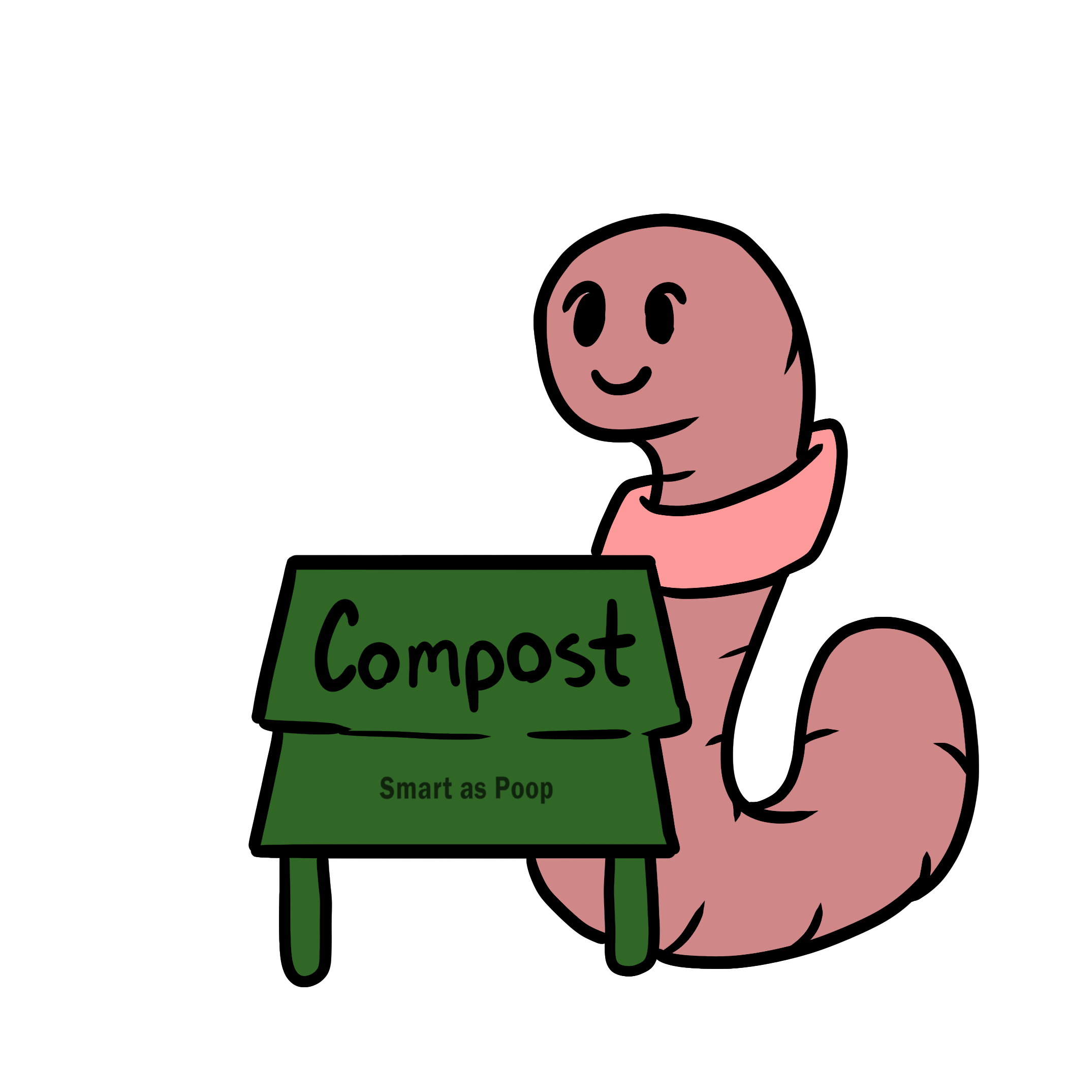 Worm cartoon illustration next to composting bin