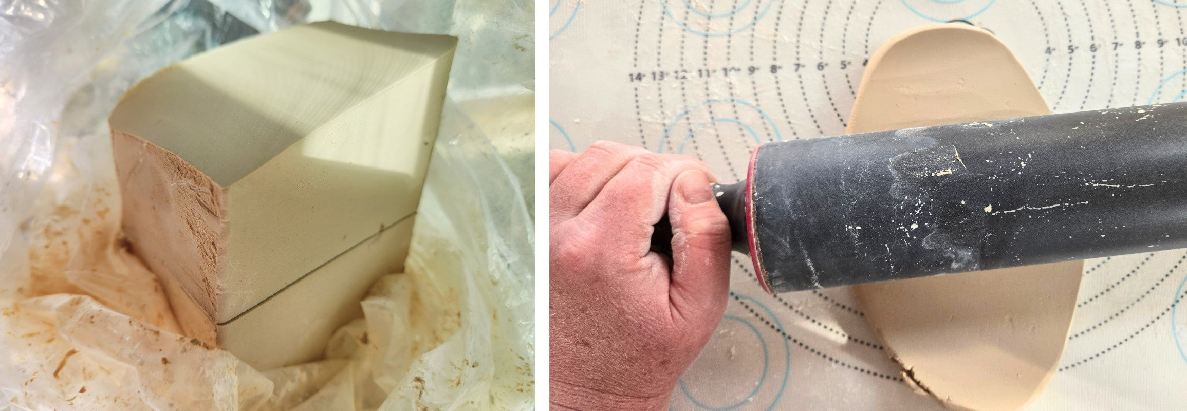 To the left is a block of play surrounded by plastic. To the right is a hand on a rolling pin, rolling the clay ball flat.