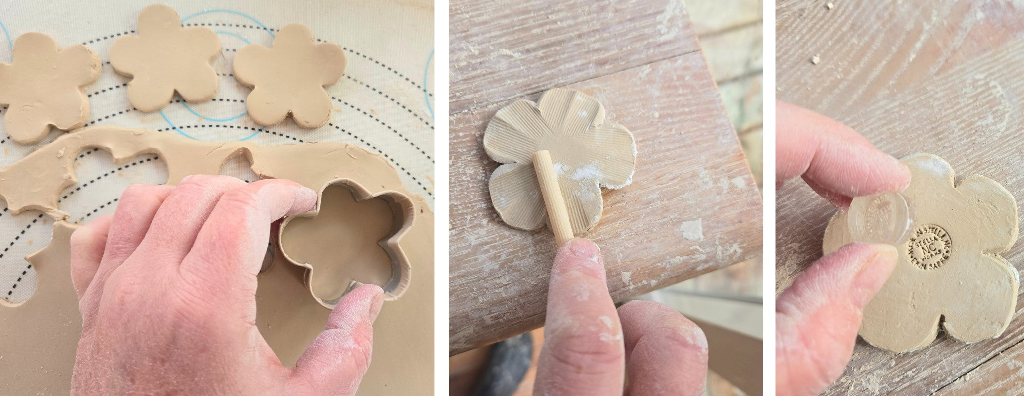 To the left, a hand holds the flower-shaped cookie cutter above the clay. There are already several flower shapes cut out of the clay slab. I the middle, a hand holds a textured stick and applies it to one of the clay flowers. To the right, a hand holds an acrylic stamp after having stamped the logo into the clay. The logo is a circle that says Stella NC Works, Made in NC by Erin Sapre.