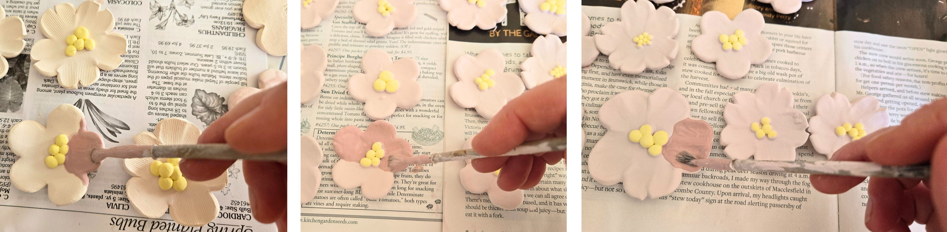 To the left a hand holds a brush that is brushing the first coat of pink glaze onto a clay flower. The middle is the second coat, and to the right is the third coat.