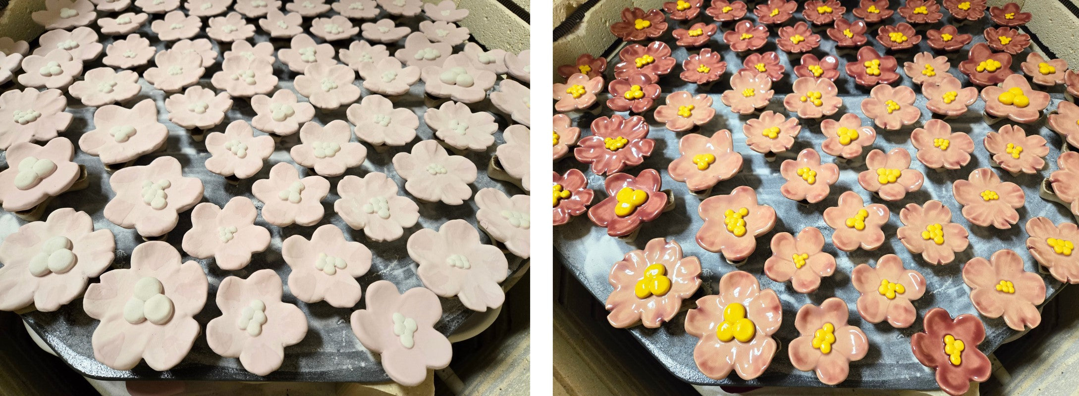 On the left is the glazed but unfired flowers sitting on a kiln shelf. On the right is the same flowers, having been fired. The glaze has turned from pale matte pink to shiny bright pink.