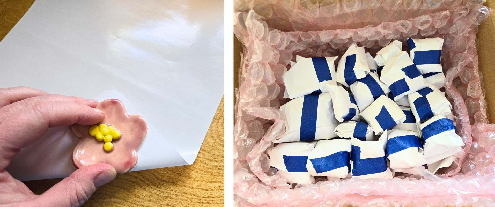 To the left a hand holds a flower and wraps it in paper. On the right a bunch of paper packages are surrounded by bubble wrap in a cardboard box.