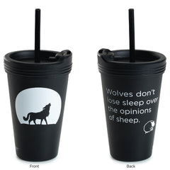 Black Straw Tumbler with wolves howling at the moon.