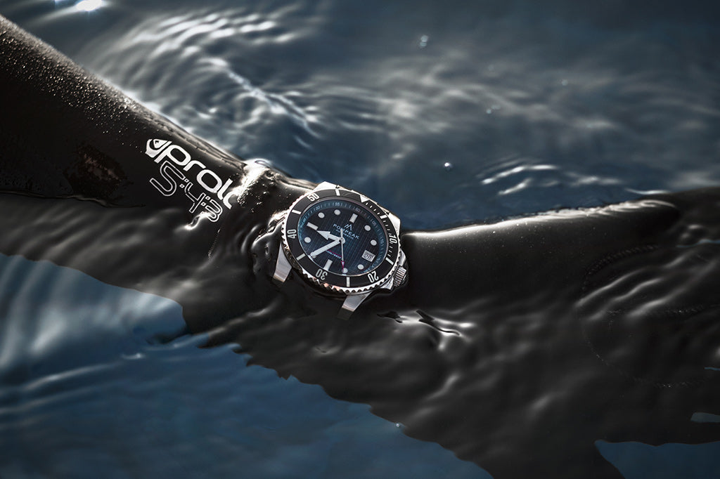 Pompeak watches sub-aquatic dive watch on wetsuit wrist