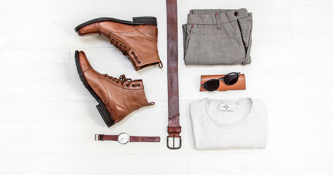 Coordinated outfit flat lay - Brown watch belt shoes  