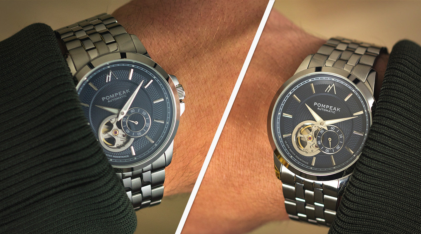 Left vs right handed wearing of the Pompeak Gentlemens Classic Navy automatic watch