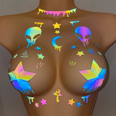 Drip Trip Alien/Star Pasties/Body Stickers Set-Rainbow Reflective