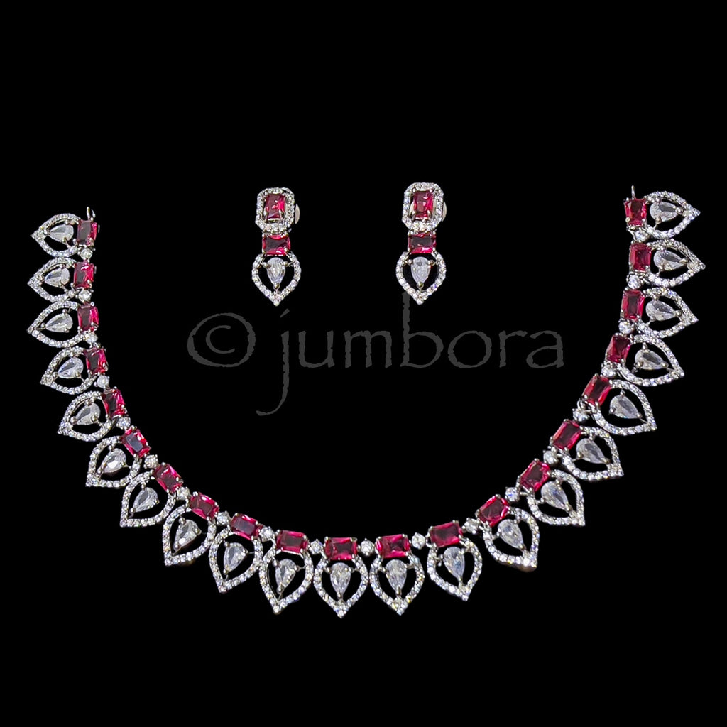 Burgandy Red AD Zircon CZ Necklace in White Gold Finish