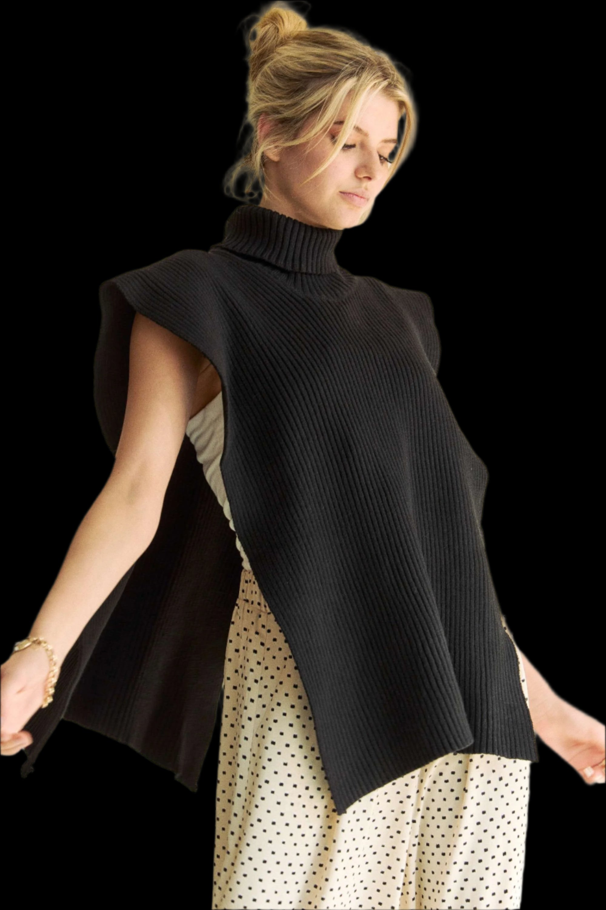 Davi & Dani Side Split Turtleneck Sleeveless Knit Top