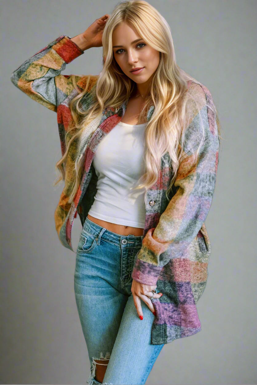 Double Take Full Size Button Up Plaid Fleece Shacket with Pockets