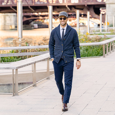 Vandre premium charcoal flannel hat styled by Dapper Professional wearing a cardigan, tie, chinos and boots, a perfect fall/winter combination.