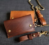 Leather wallet Niagara for biker, with chain and keyring made by Vercors Native