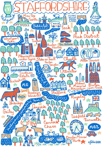 Staffordshire illustrated map art print by Julia Gash