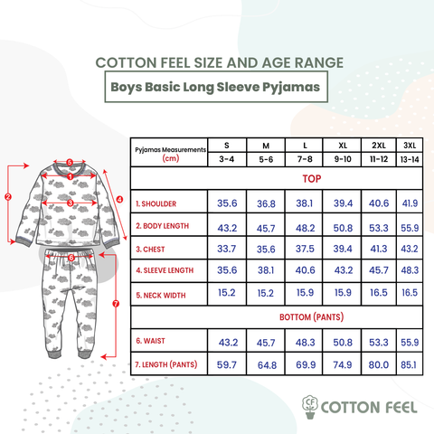 Cotton Feel Kids Pyjamas Sizing Chart