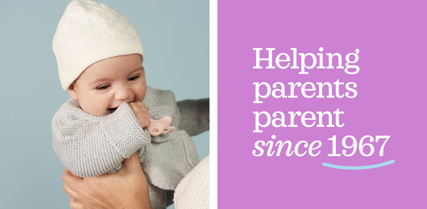 tweeluik: blije baby en quote "helping parents parent since 1967"